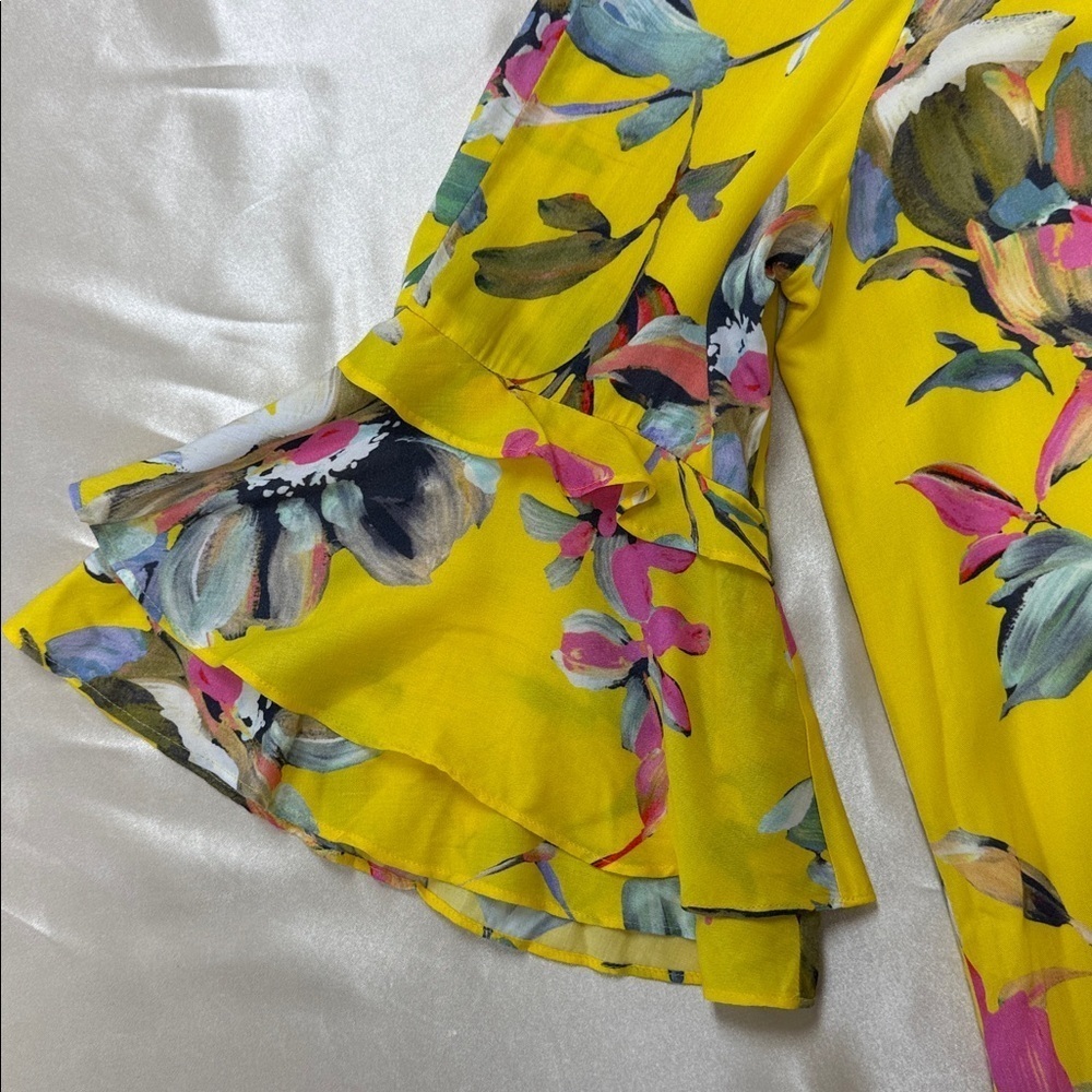 Gianni Bini Dandy Yellow Floral Dress Ruffle Flare Sleeves Women's Large - Picture 7 of 10